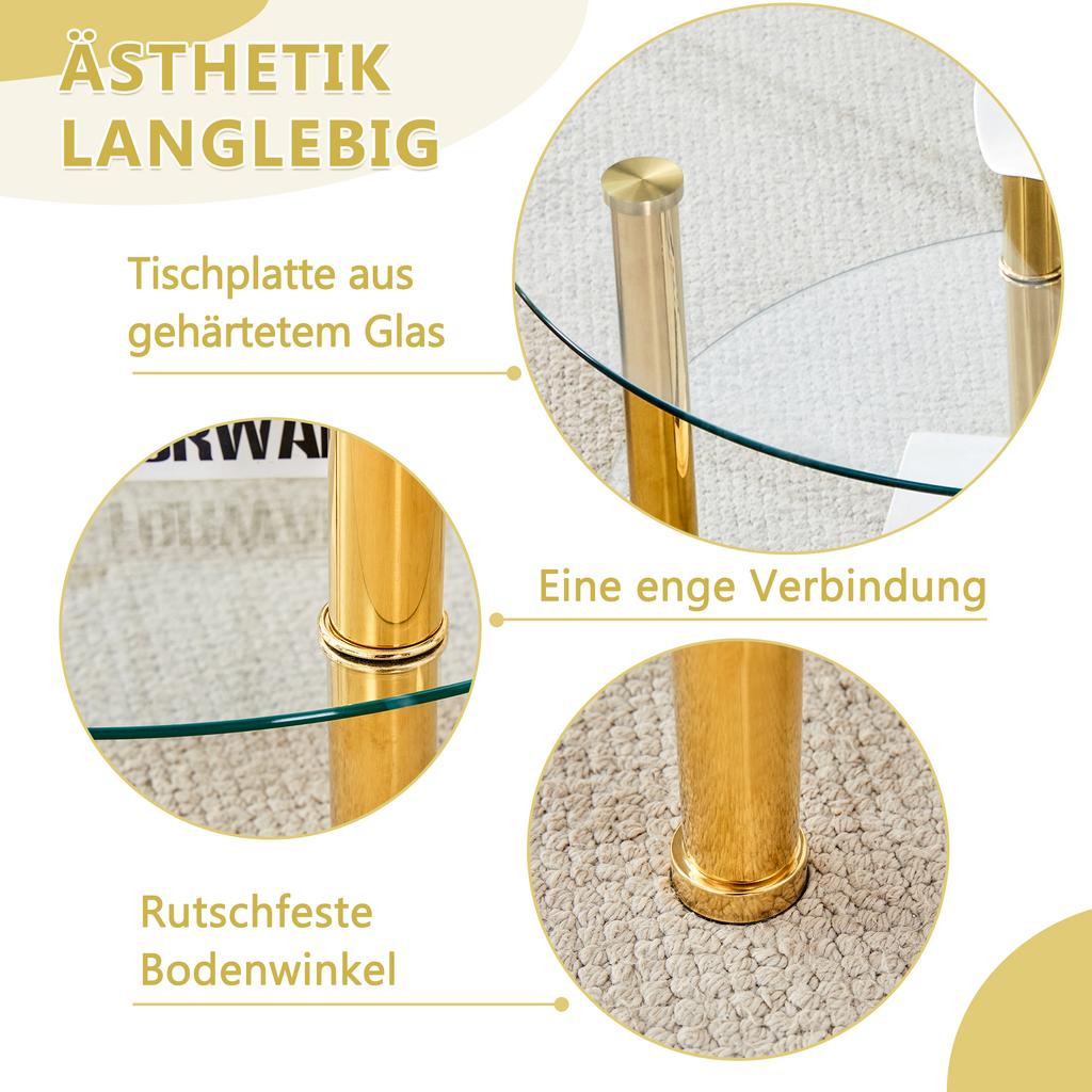 Modern Two-Tier Glass Coffee Table - Gold-Colored Metal Legs, Stable and Spacious. Metal Shine and Glass Reflections for Quiet Luxury Interiors.
