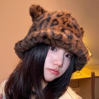 Winter Imitation Fur Hat Plush Bucket Hat Leopard Print Bear Ear Ruslan Baginsky Hat Thicken Woman Bonnet Ski Cap Fisherman Hats