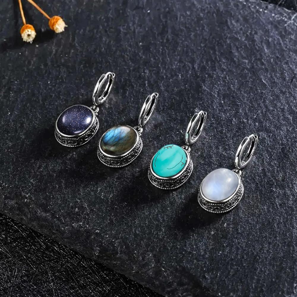 Vintage 925 Silver Natural Labradorite Earrings with Blue Light 10*12mm Big Stone Hoop Earrings Fine Jewelry for Women