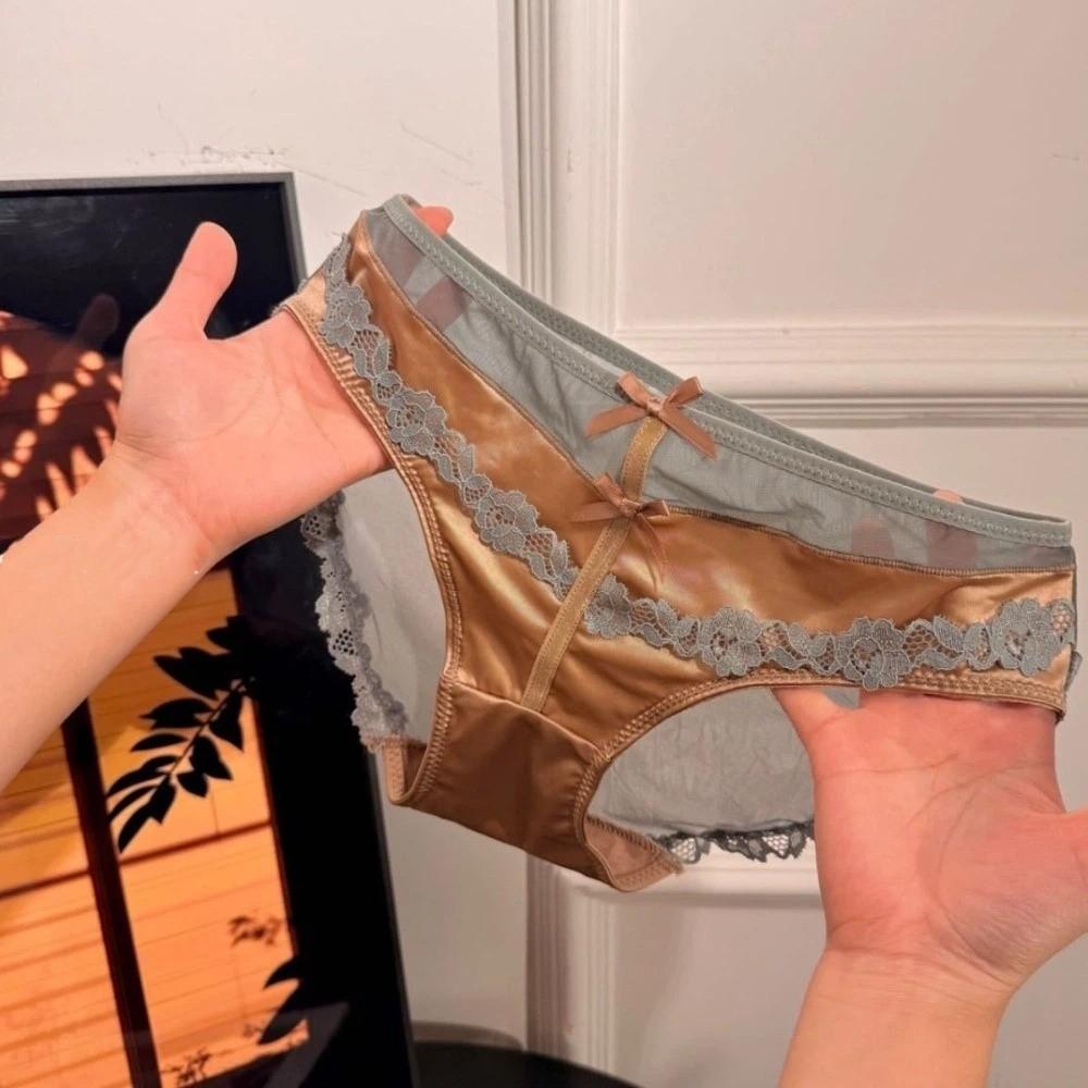 Bow Underwear for Women Transparent Mesh Lace Briefs Lingerie Lace Flower Panties  Lady