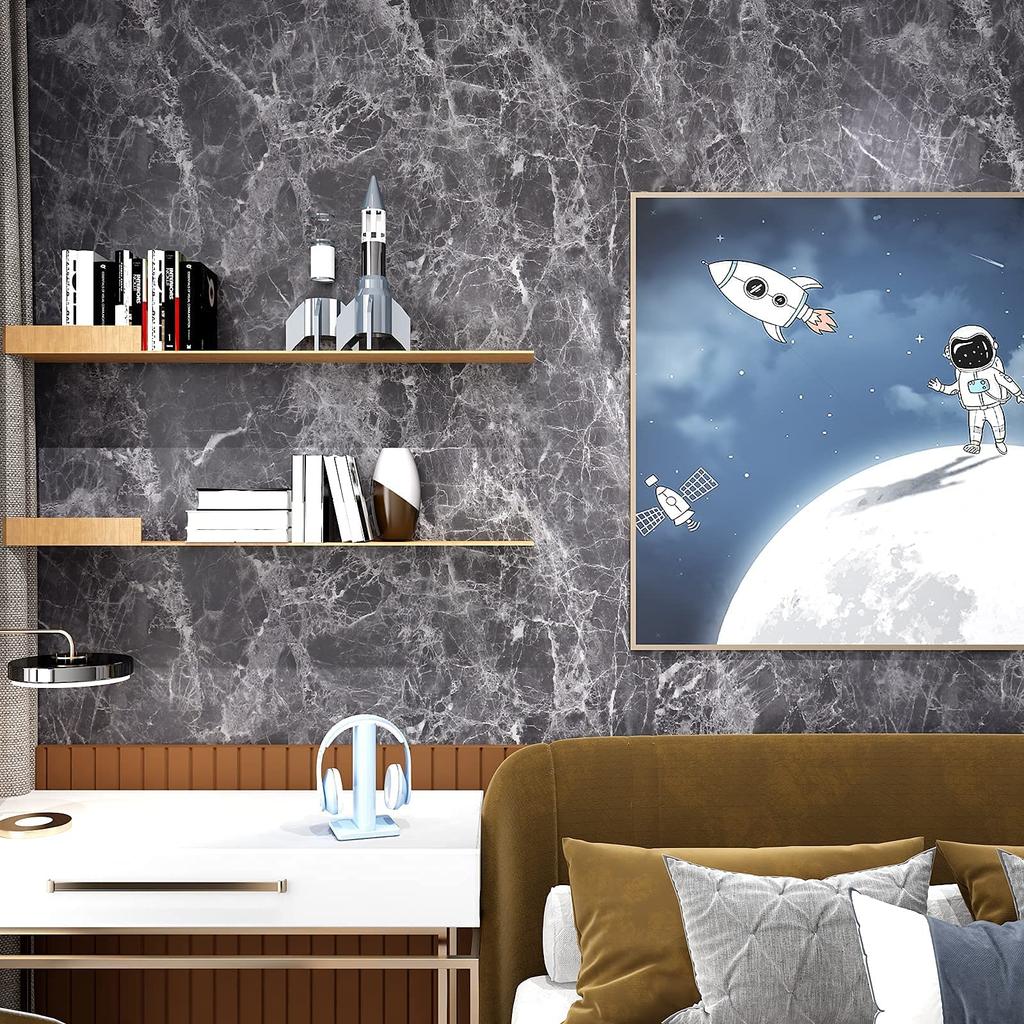 VEELIKE Marmor Tapetenaufkleber, Dick, Schwarz, Marmor-Look Tapete, Abziehbar, Schneidebogen, Innenraumfolie, Stein-Look, 40cm x 900cm, Einfache Anbringung