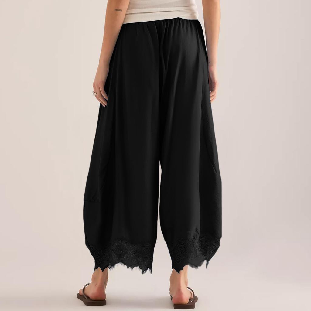 Women Casual Wide Leg Pants Elastic Waistband Drawstring Waist Patchwork Lace Hem Loose Fit Palazzo Trousers for Everyday Wear