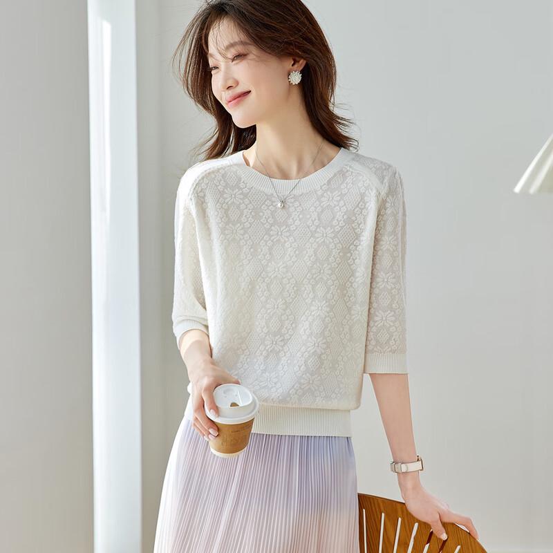 Srcr Women's 3/4 Sleeve Jacquard Knit Wool Blend Sweater