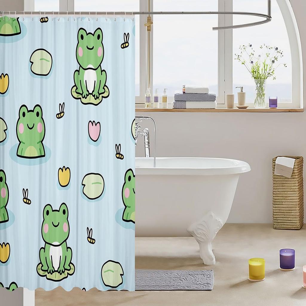 Cute Frog Shower Curtain Cartoon Animal Lily Pad Design Kids Bathroom Decor Fun Pattern Bath Accessories Waterproof Fabric