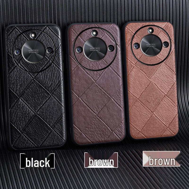 

Кожаный чехол с ромбовидным узором полной защиты для Honor X50 - Защитный чехол из натуральной кожи для Honor X50i X50i чёрный