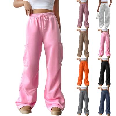 Women's Casual Fashion Solid Color Elastic Waist Drawstring Pocket Wide-Leg Straight-Cut Joggers