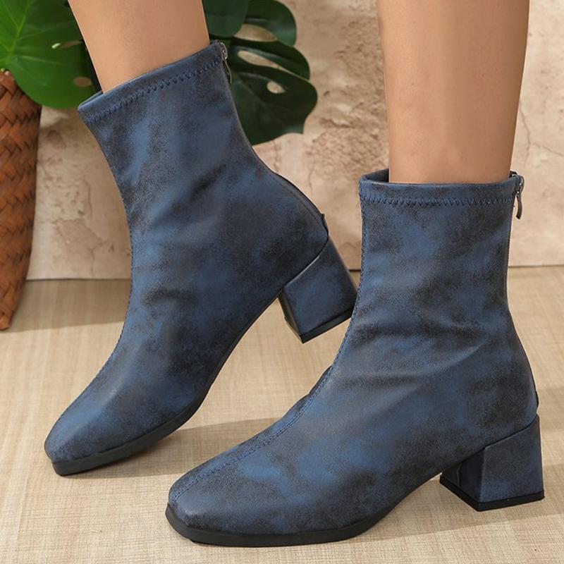 Fashion Retro Leopard Square Toe Ankle Boots for Women Spring Autumn Non-Slip Zipper Square Heel Women' Ankle Boots Solid Bootie Ladies