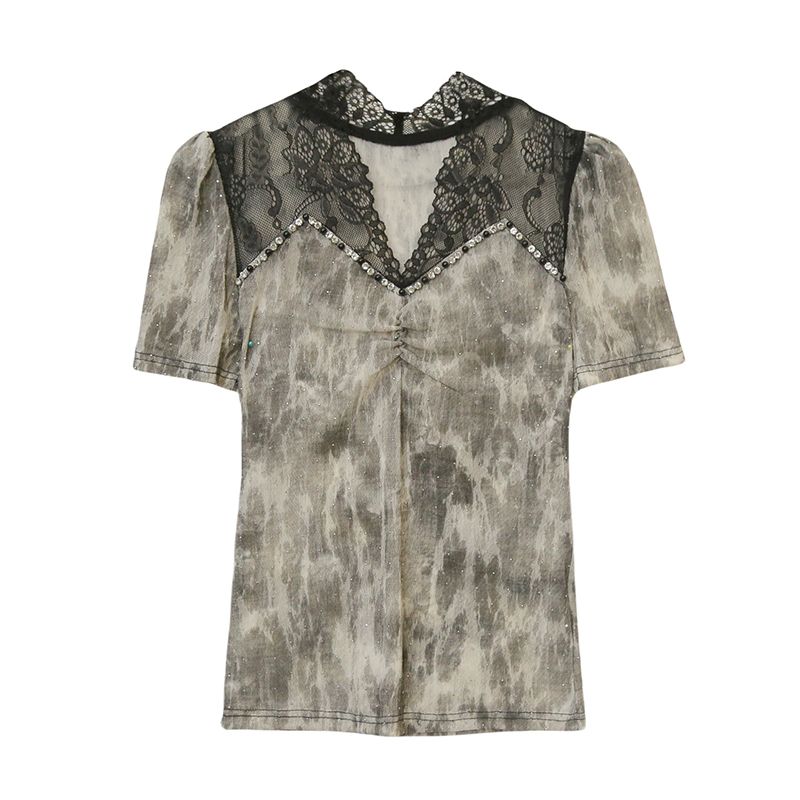 New Summer Women's T-Shirt Elegant Lace Patchwork Hot Diamonds Tops Shirts Fashion Short Sleeved V-Neck Slim Mesh Tees
