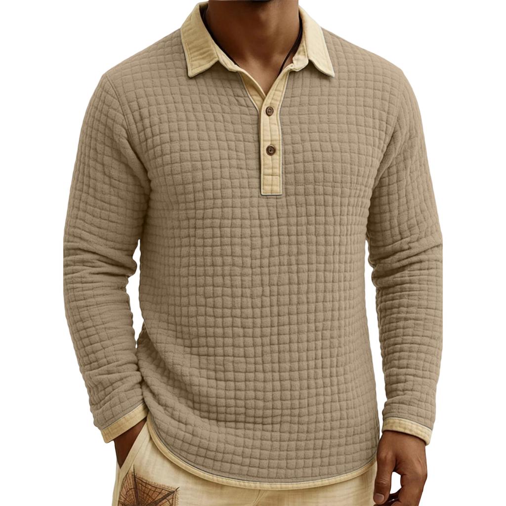 Men's Quilted Knit Color,blocked Pullover Button,down Top