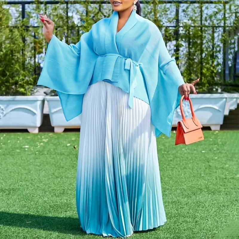 Women's clothing autumn large size fashionable elegant bat sleeve top gradual change color skirt two-piece set