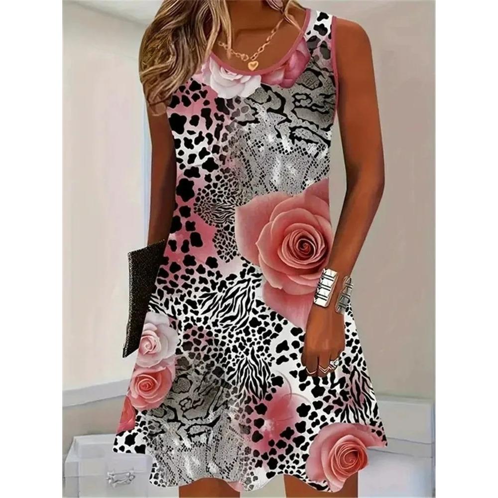 Red Rose Flower Print Dress Summer Women Fashion Sleeveless Loose Mini Dress Casual O-Neck Pocketless Plus Size Dresses
