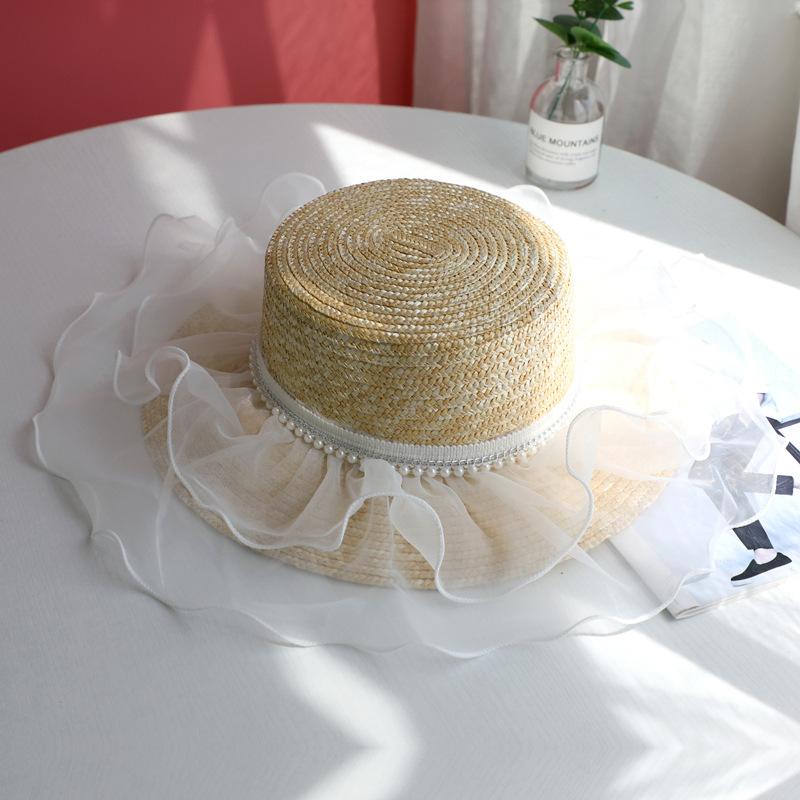 Summer Pearl Lace Mesh Hat Women's Straw Straw Hat Street Photography Styling Beach Hat Elegant Flat Top Hat