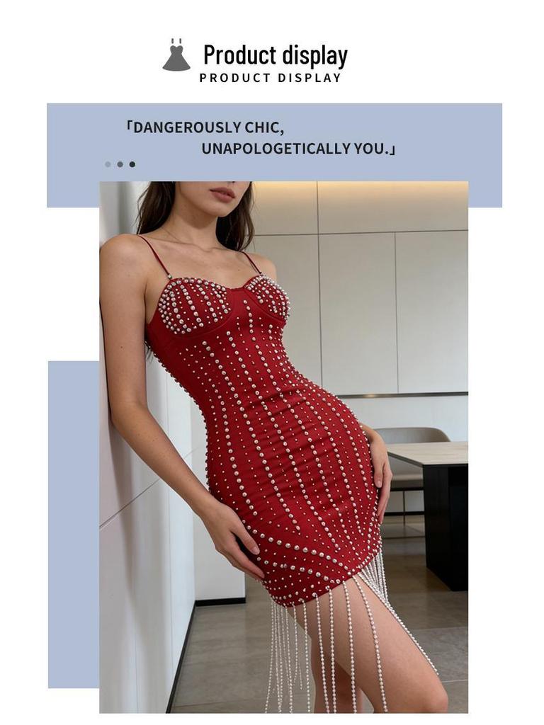 Abito Bandage Sexy Senza Spalline con Nappa Perline Europee e Americane - Elegante Gonna Bodycon da Socialite per Banchetti