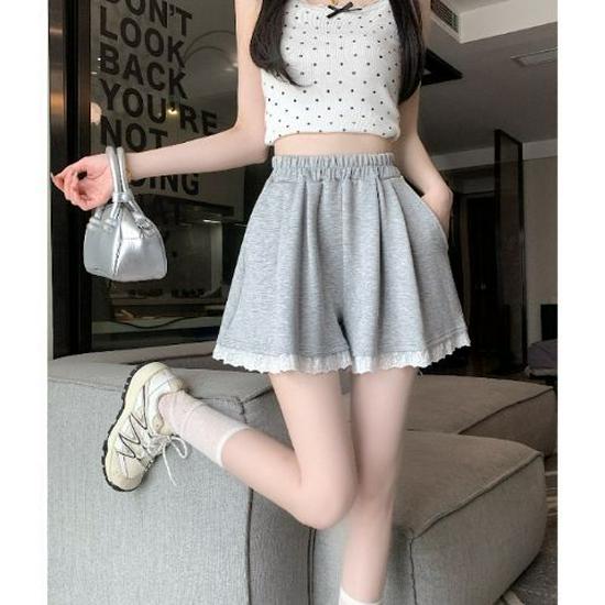 

Lace Trim High Waist Patchwork Wide Leg Shorts - Casual and Versatile for Women S (up to 47.5 kg)
