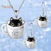Women Necklace Hook Earrings Black Cat in Cup Shape Adjustable Necklace Birthday Anniversary Gift Alloy Neck Ear Jewelry for Daily Wear Parties