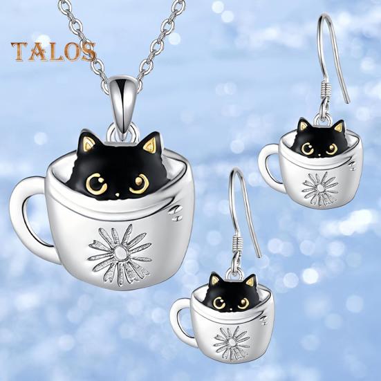 Women Necklace Hook Earrings Black Cat in Cup Shape Adjustable Necklace Birthday Anniversary Gift Alloy Neck Ear Jewelry for Daily Wear Parties