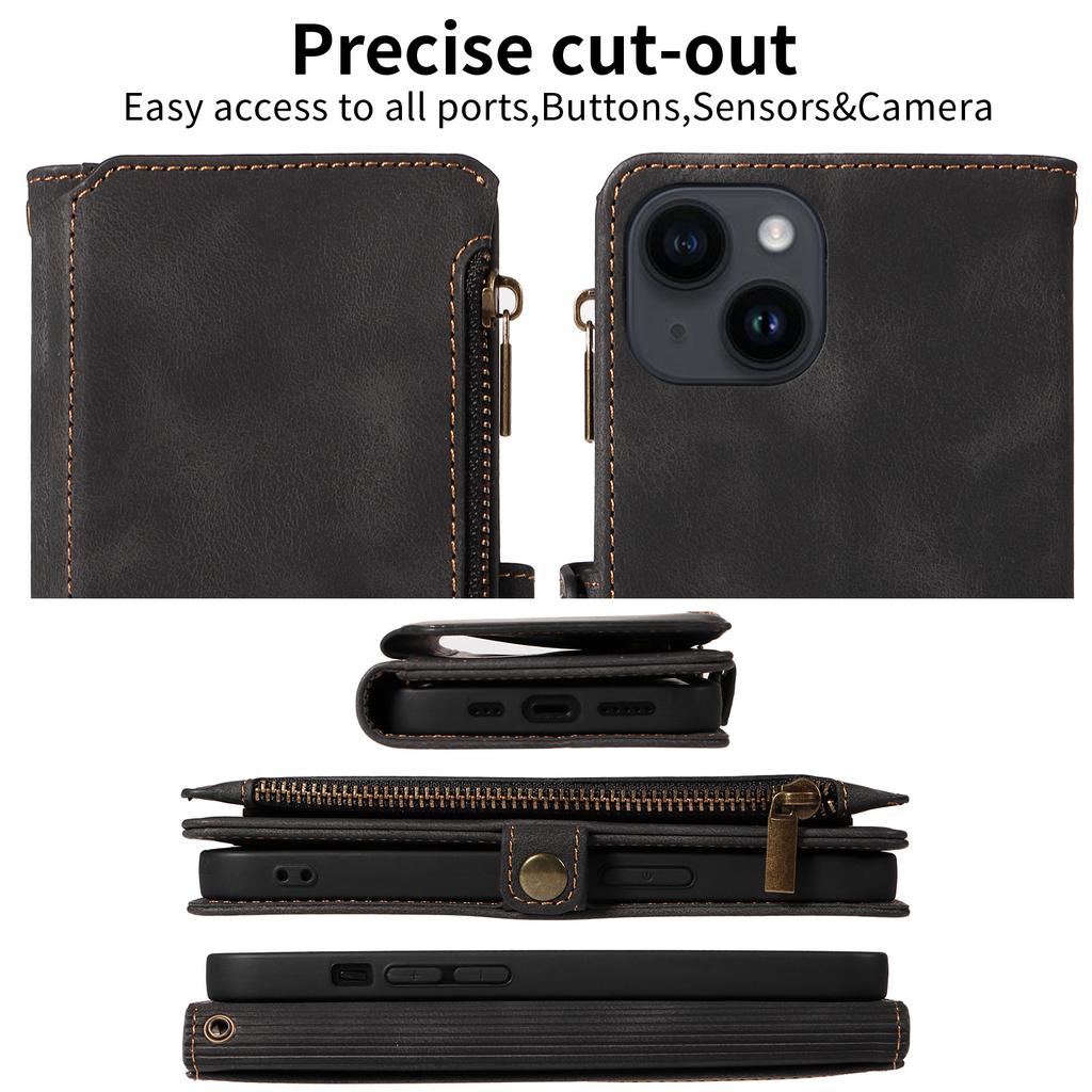 Zipper Pocket Leather Phone Case for iPhone 15,RFID Blocking Wallet Stand Phone Cover