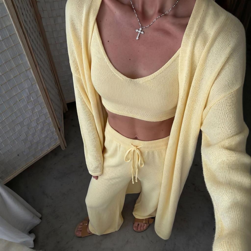 European and American style hot-selling new pure cotton sweater set: women's tank top + pants + long coat three-piece set