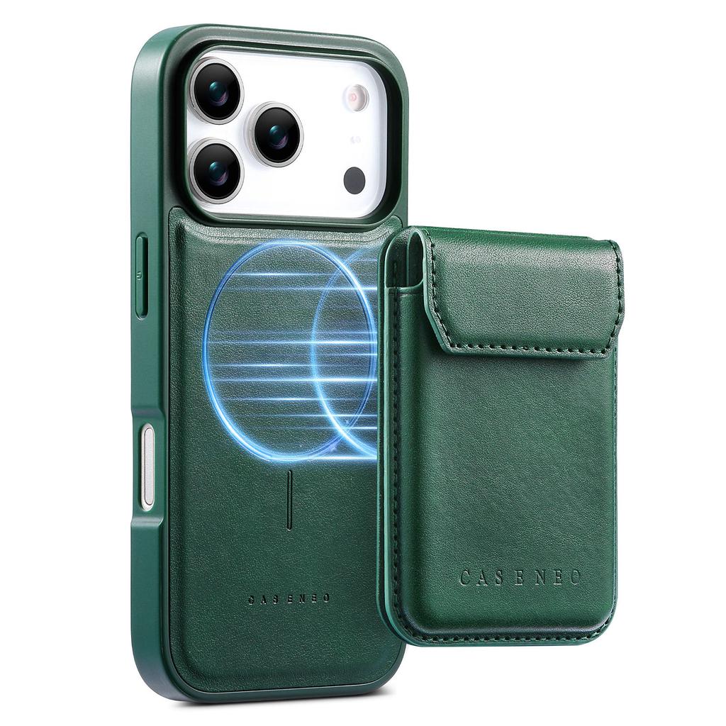 CASENEO For iPhone 17 Pro Max Magnetic Case PU Leather PC Phone Cover with Detachable Card Holder Kickstand Compatible with MagSafe