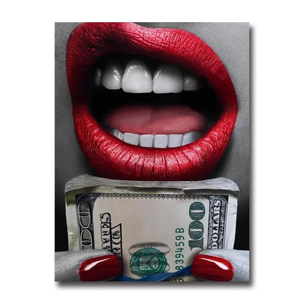 Sexy Woman Red Lips Money Rose Wall Art Posters Modern Home Living Room Bedroom Decorative Canvas Painting Picture Print Artwork
