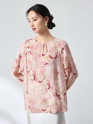 Neue chinesische Stil Mittellange 20 Momme Seiden-Viskose Krepp Bluse