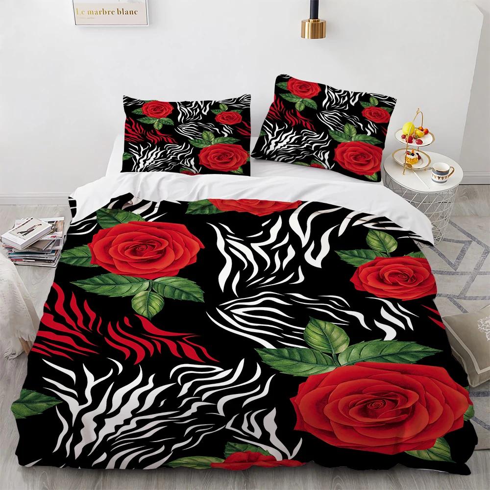 3D Print Black White Plaid Flower Red Rose Designer Bedding Festive Color Bedroom Quilt Set Cover For Valentine's Day Weddings