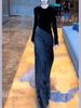 2026 Spring Women's Black Velvet Patchwork Slim Fit Luxury Long Dress