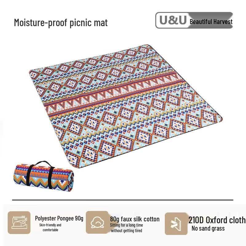 Ethnic Style Waterproof Picnic Mat with Leather Strap