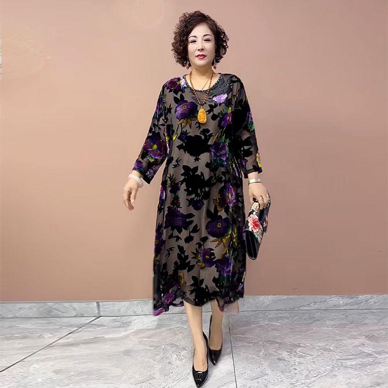 High-end Women's golden Velvet Dress Long Plus-Size Silk Dress Loose Floral A-Line Dress Spring Autumn