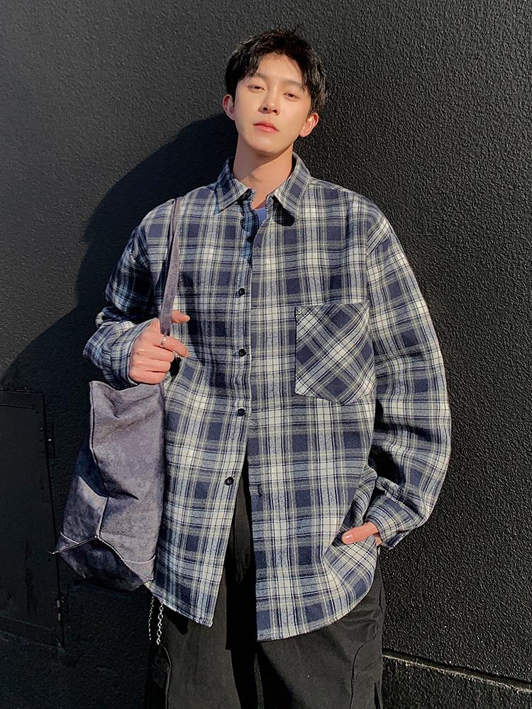 Men's Retro Plaid Long-Sleeve Shirt and Casual Lapel Jacket