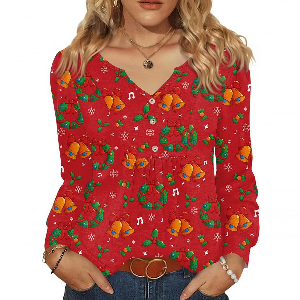 Dámská módní ležérní halenka s výstřihem do V, knoflíky, vánoční potisk, s dlouhým rukávem, pulovr, tričko, top