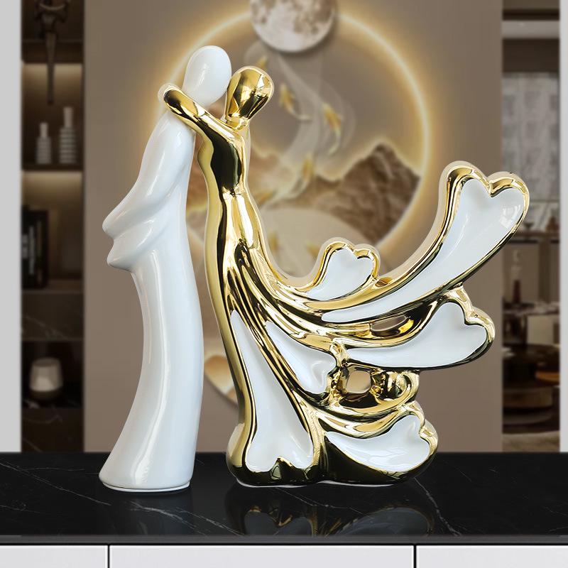 European Light Luxury White Gold Ceramic Couple Figurines for Living Room and Wine Cabinet Decor
