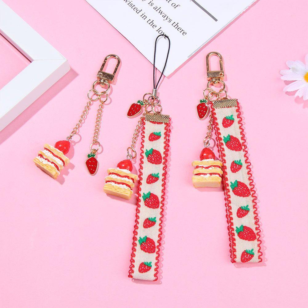 Short Strap Lanyards For Phone Keys Mobile Phone Strap Hang Rope Phone Charm Popular Cute Japanese Strawberry Cake Decor Gift