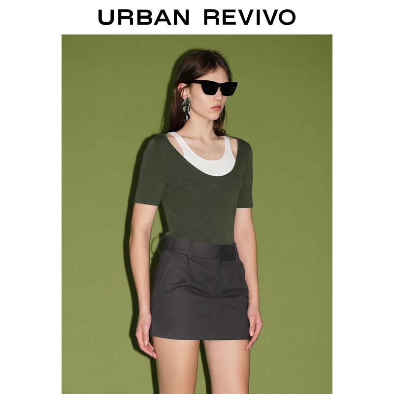 UR Women's 2024 Spring Color-Blocked Faux Two-Piece Short Sleeve Knit Top