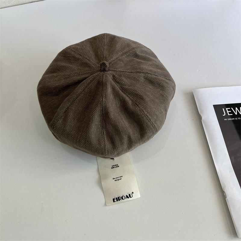 Autumn and winter corduroy black beret women's big head circumference bud hat showing face small painter hat pumpkin hat