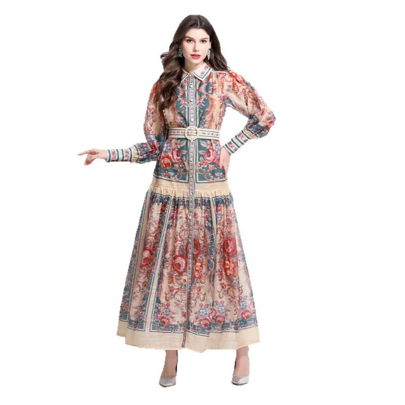 Elegant Classical Court Style Spring 2025 Printed Cinched-Waist Long Dress
