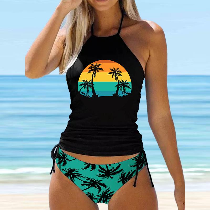 Women's Halter Blue Coconut Tree Print Bikini Tankini Swimsuit