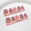 10pcs Handmade Pink French Short Duckbill Press On Nails With Rhinestone Flower Decor Fake Nail Tips Set