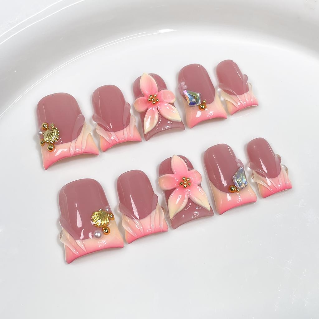 10pcs Handmade Pink French Short Duckbill Press On Nails With Rhinestone Flower Decor Fake Nail Tips Set