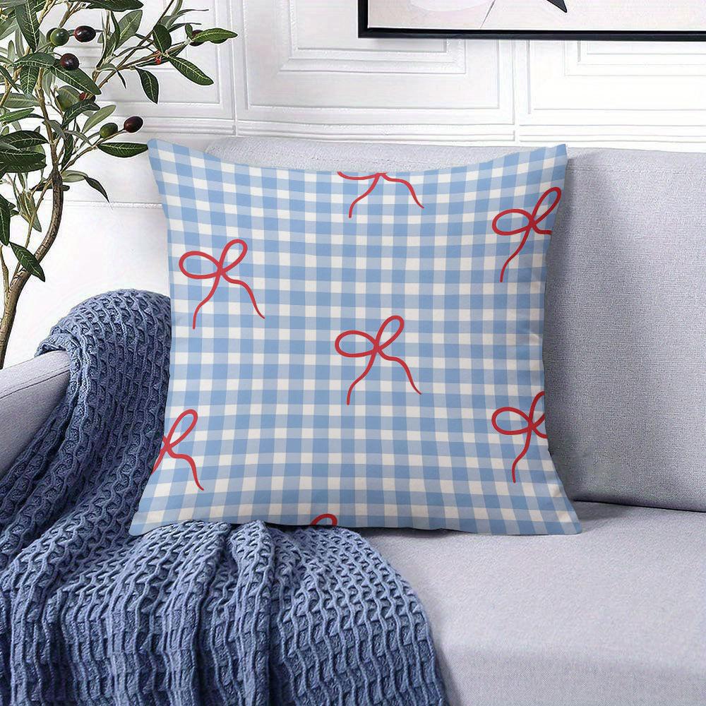 Blue Gingham with Red Bows square Jacquard Pillow Cover for Sofa Office Waist Cushion Cover Home Decorative Pillowcase