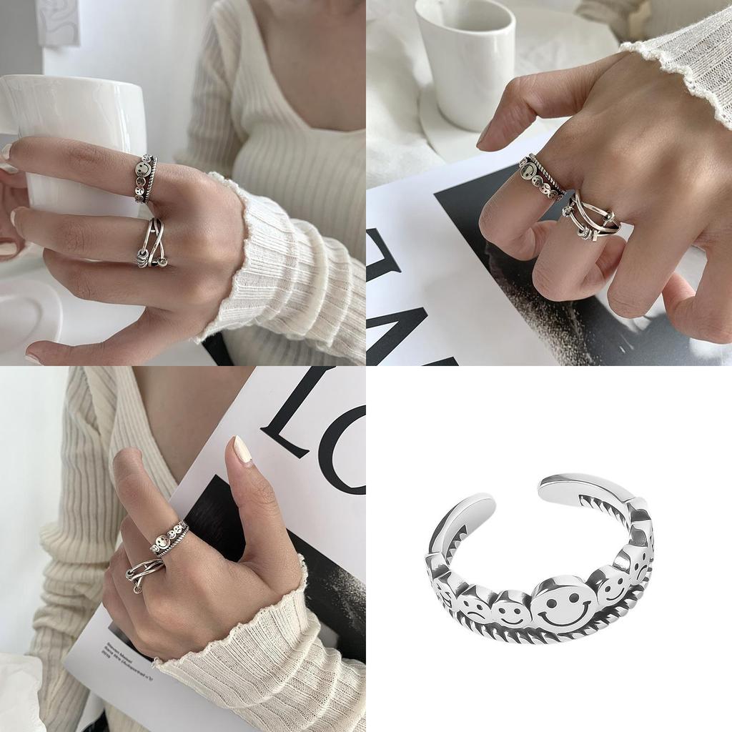 Exquisite 925 Silver Vintage Style Hip Hop Smiley Face Adjustable Ring For Women