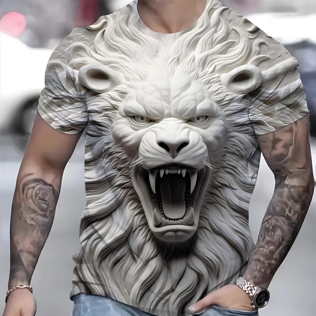Vibrant White Lion Pattern 3D Printed Crew Neck Short Sleeve T-Shirt Summer Tee For Men Ideal Daily Wear Vacation Resorts Tshirt