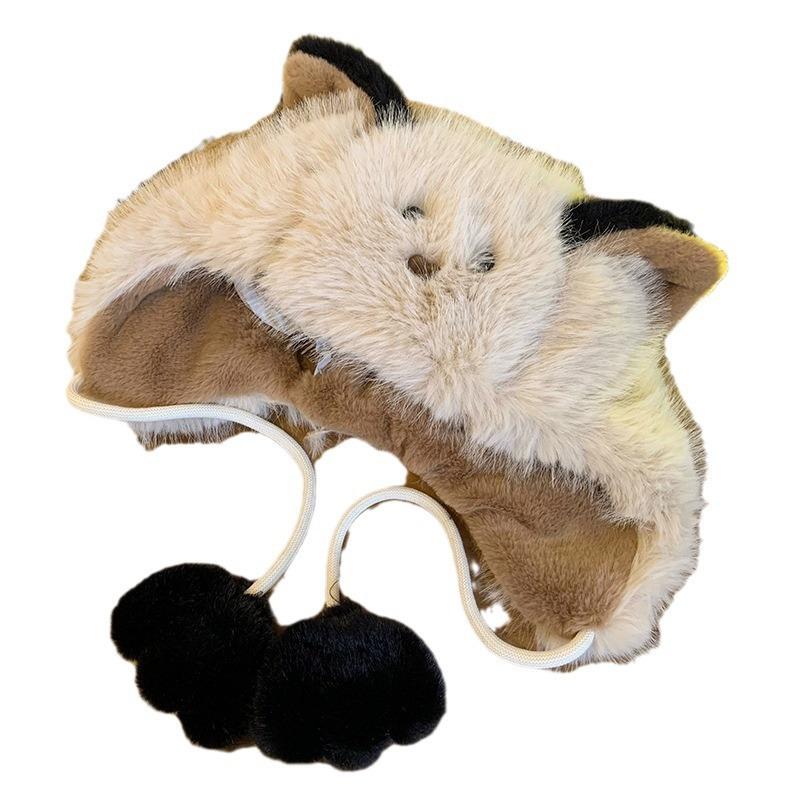 Niedliche Katzenohren Plüschmütze für Frauen im Herbst und Winter, die ihre Gesichter zeigen, kleine pelzige Ohrenschutzkappe, kalte und warme Lei Feng Mütze, trendy
