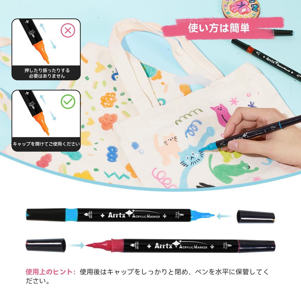 Arrtx Acrylic Marker 64 Paint Soft Fine for Plastic Handmade DIY Pens, Colors, Water-Based Pens, Tip, Point, Sheets, Fabric, Bags, Ceramics, Stone,