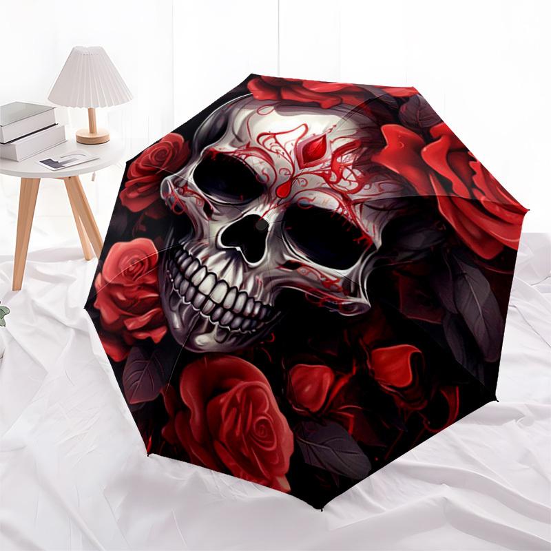 1pc Day of the Dead Skull with Roses Umbrella with Plastic Handle,Suitable for All Seasons Home Travel Outdoor UmbrellaDD272