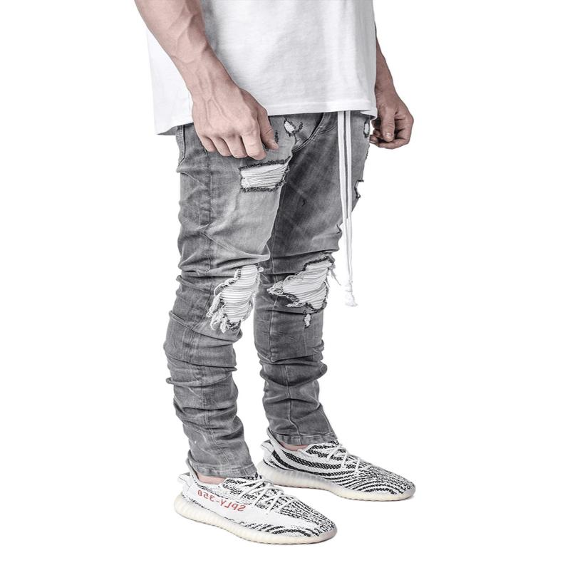 Men's Stretch Denim Skinny Pants Motorcycle Ripped Black Jeans