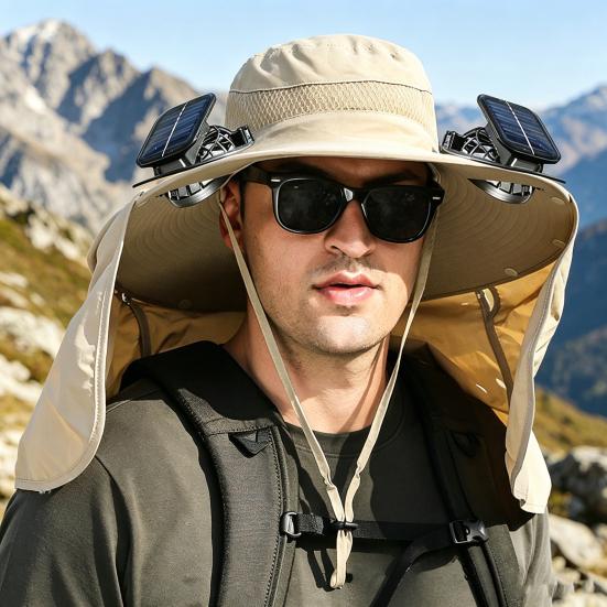 Bucket Hat Lightweight Breathable Water-Repellent Fabric Hiking Hat Adjustable Chin Cord Foldable Neck Guard Sun Hat with 2 Fans