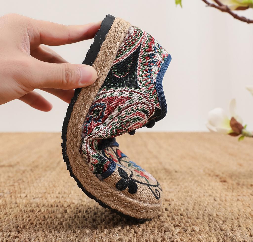 Women's Shoes Round Head Lace Up Cotton Linen Canvas Single National Woven Round Toe Lace Up Cloth Shoes Woman Flats