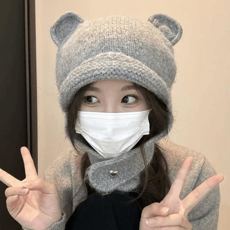 24 autumn and winter new wool hat funny cute bear ears plush pullover hat warm and cold knitted hat woman