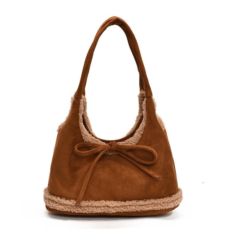 Korean niche lamb wool splicing underarm bag bow retro lazy large capacity shoulder commuter tote bag